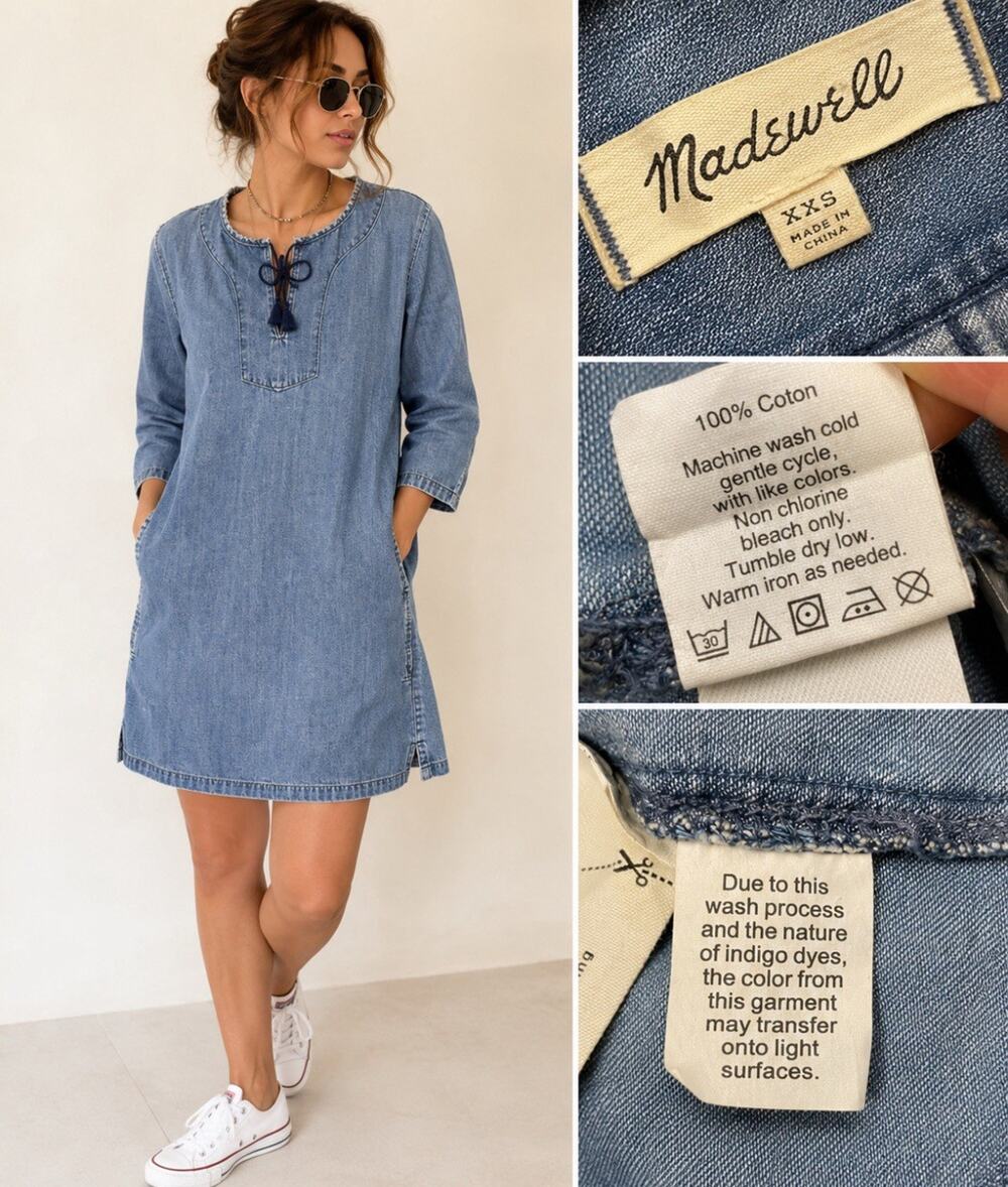 Boxy Fit Boho Madewell oversized Chambray Shift Dress Size XXS Denim Tie-Neck